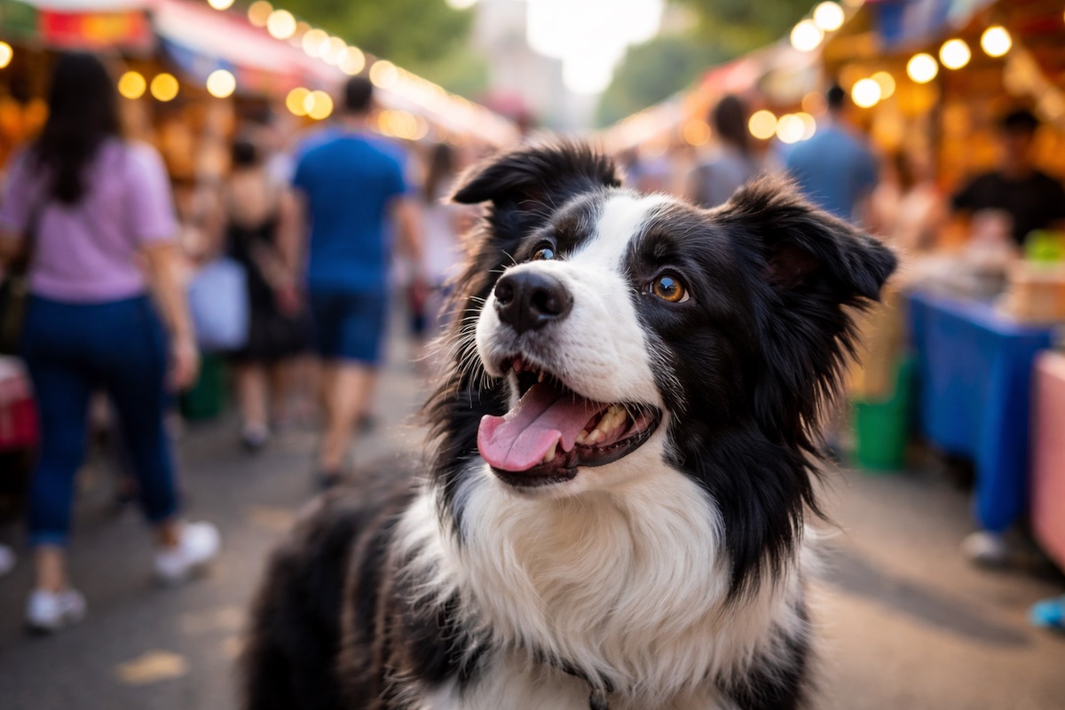 Border Collie distracted in a busy outdoor environment