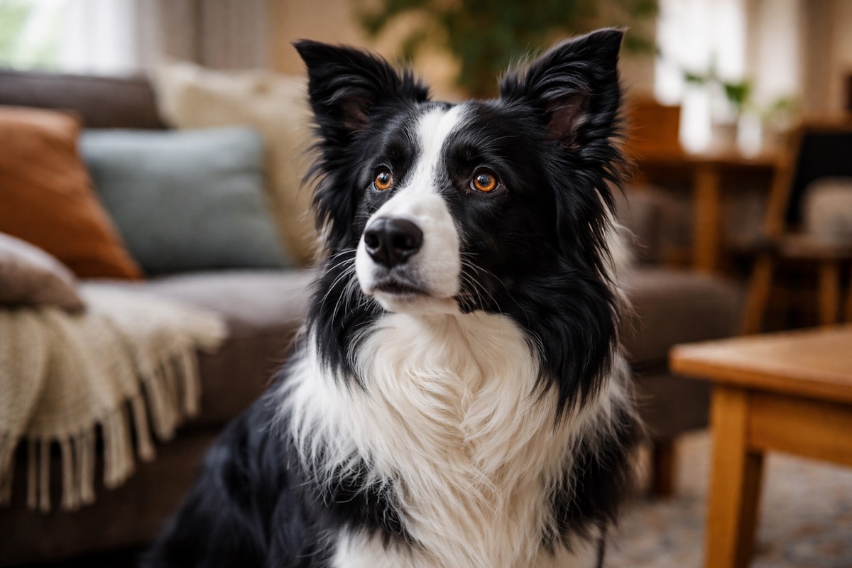 Border Collie looking alert and thoughtful at home