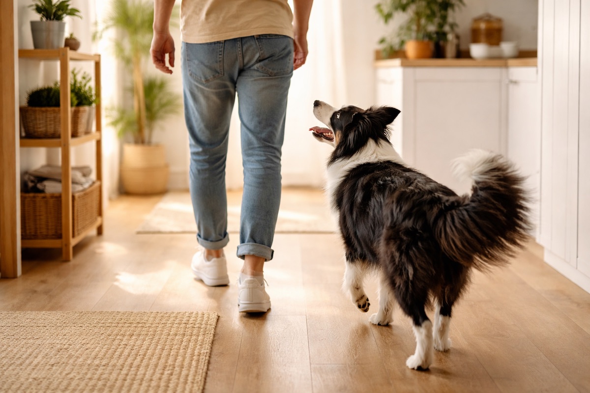 Border Collie following owner indoors