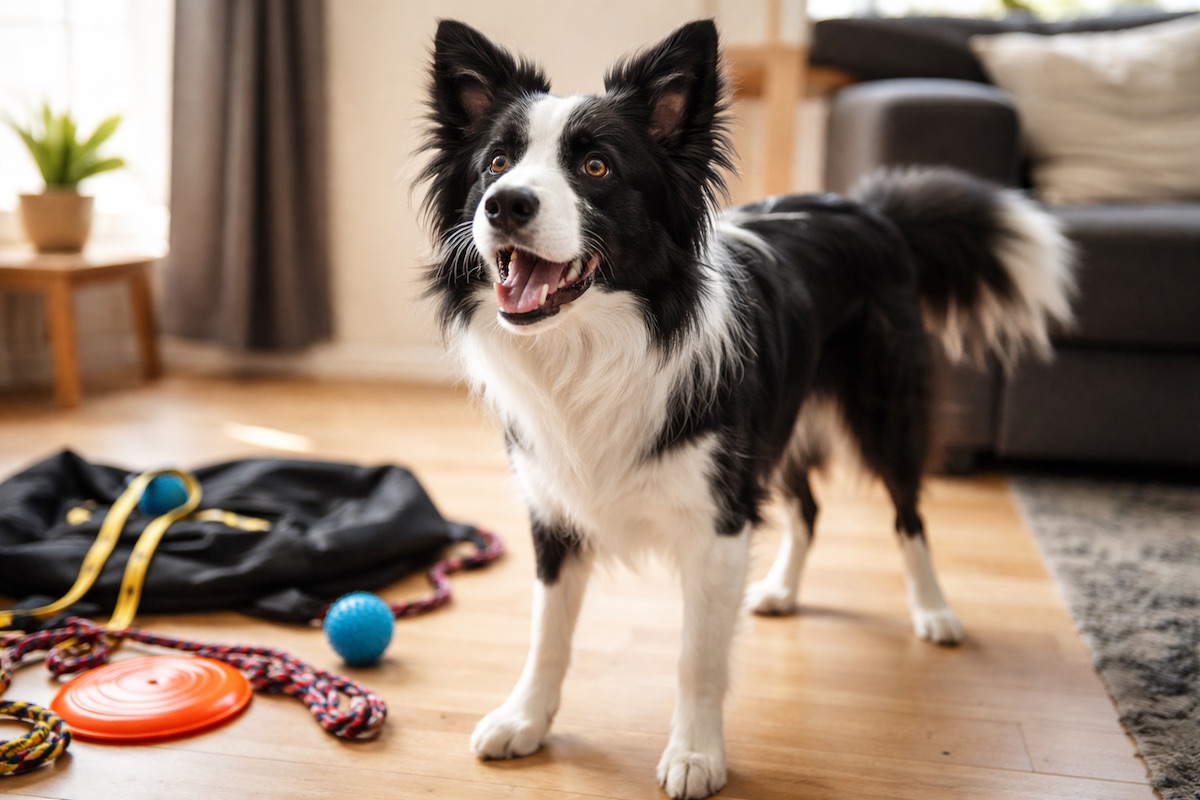 Border Collie alert and restless indoors after training