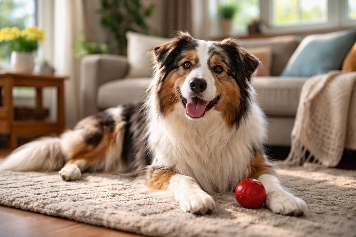 Dog resting calmly after activity at home
