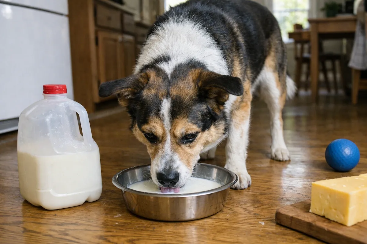 Dog drinking milk from a bowl