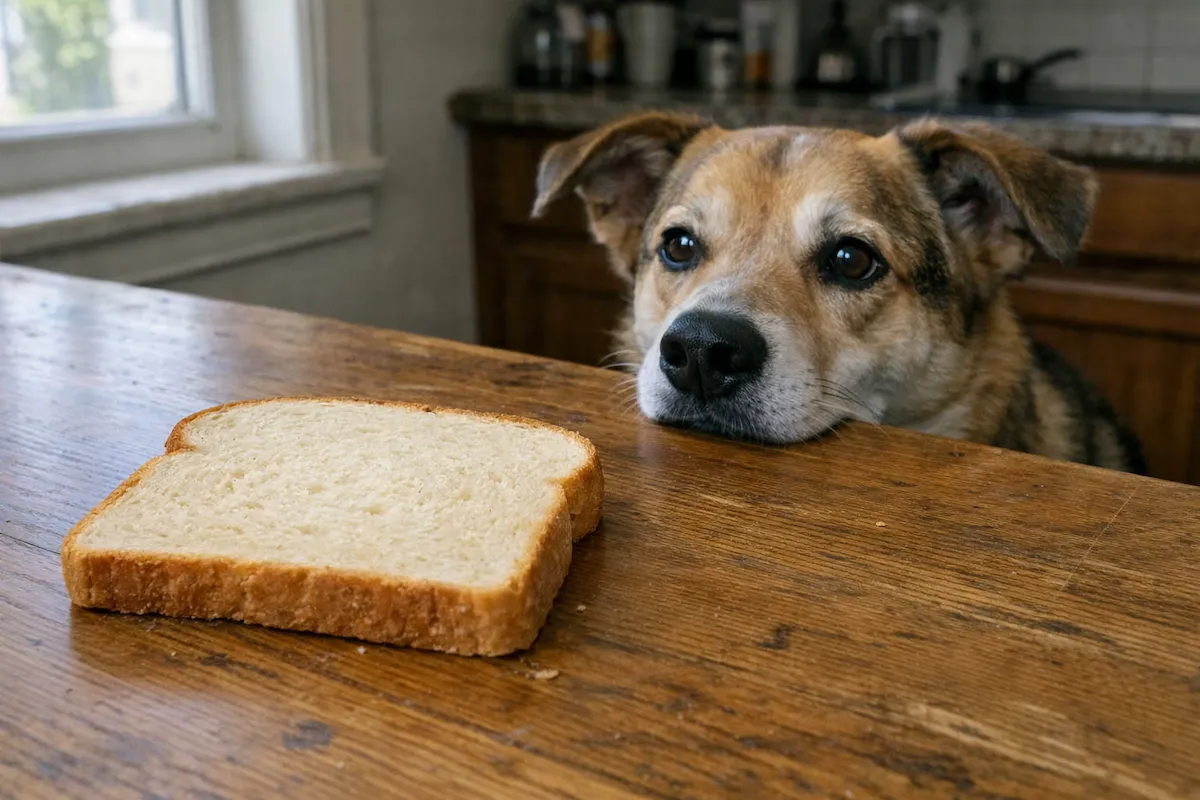 Dog looking at a piece of bread on a table