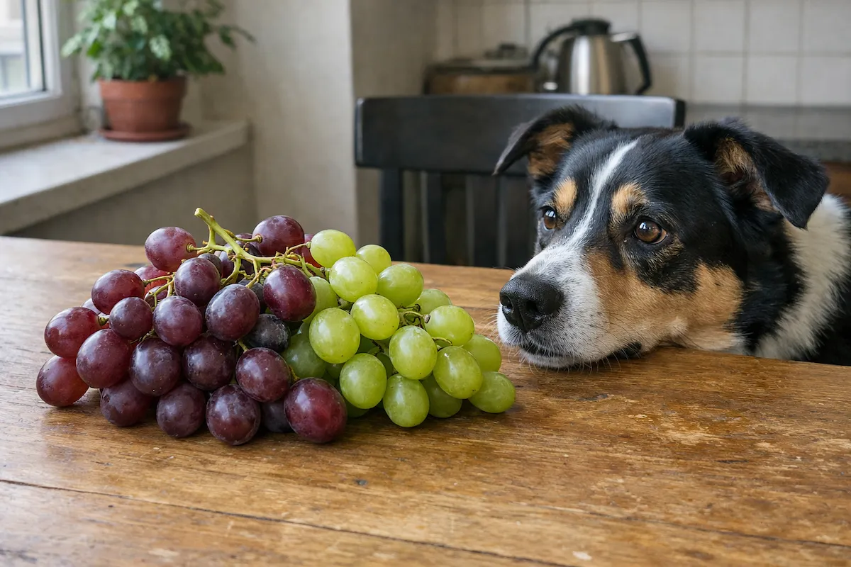 Grapes on a table with a dog looking at them