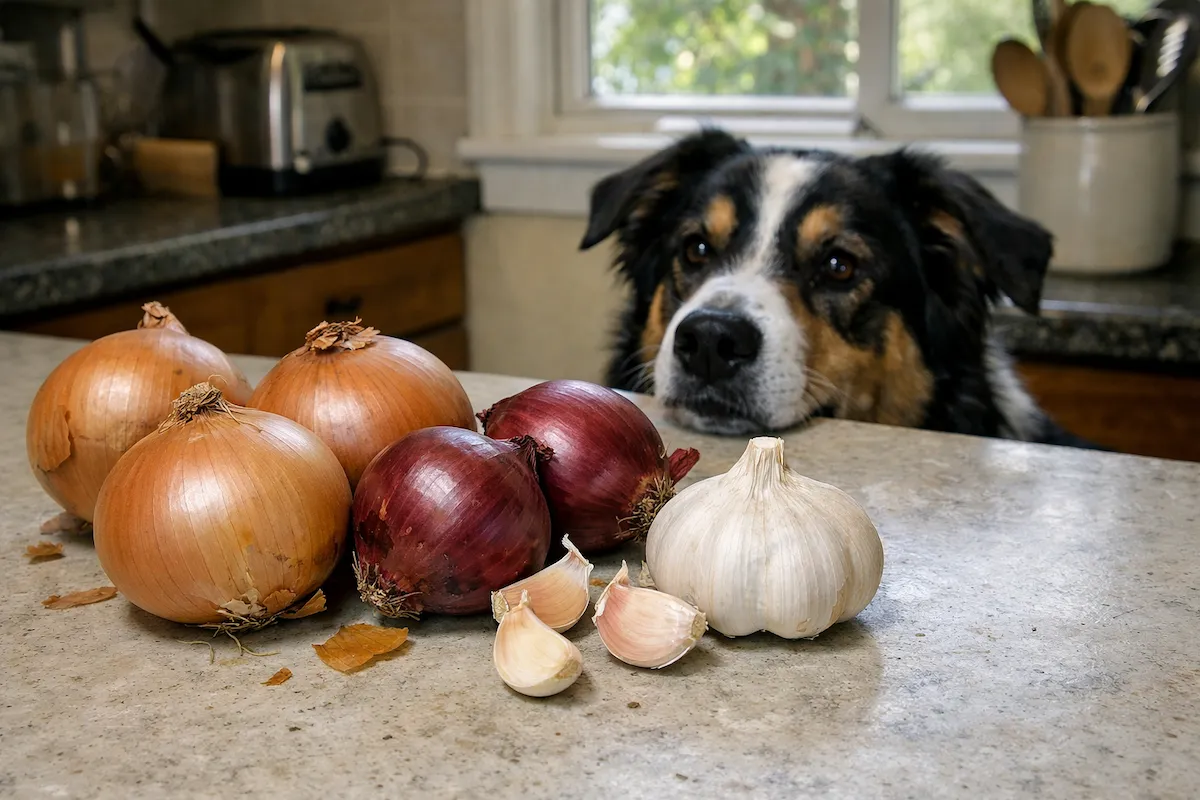 Onions and garlic on a kitchen surface near a dog