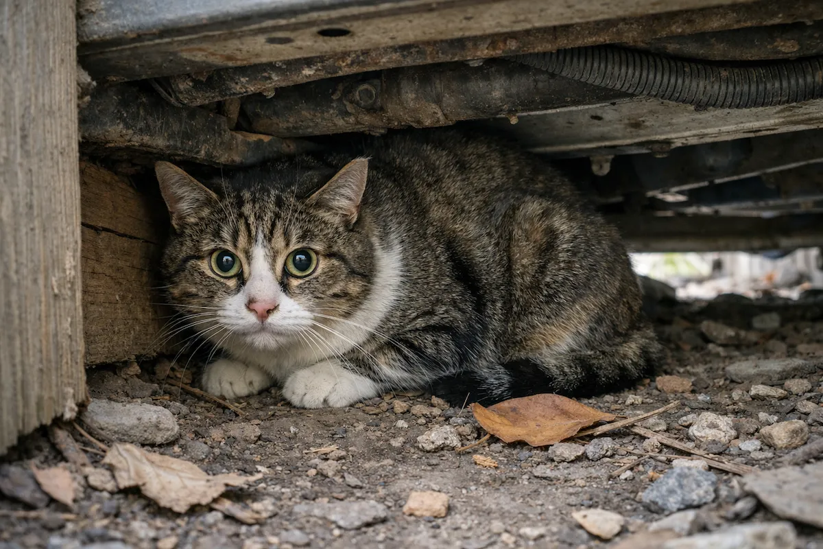 Lost cat hiding under a deck