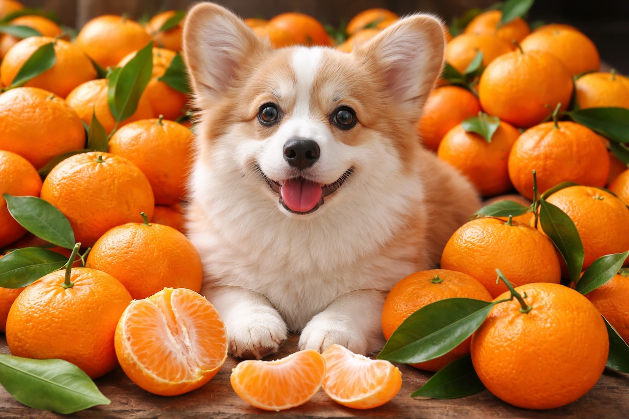 Dog and Mandarin Oranges