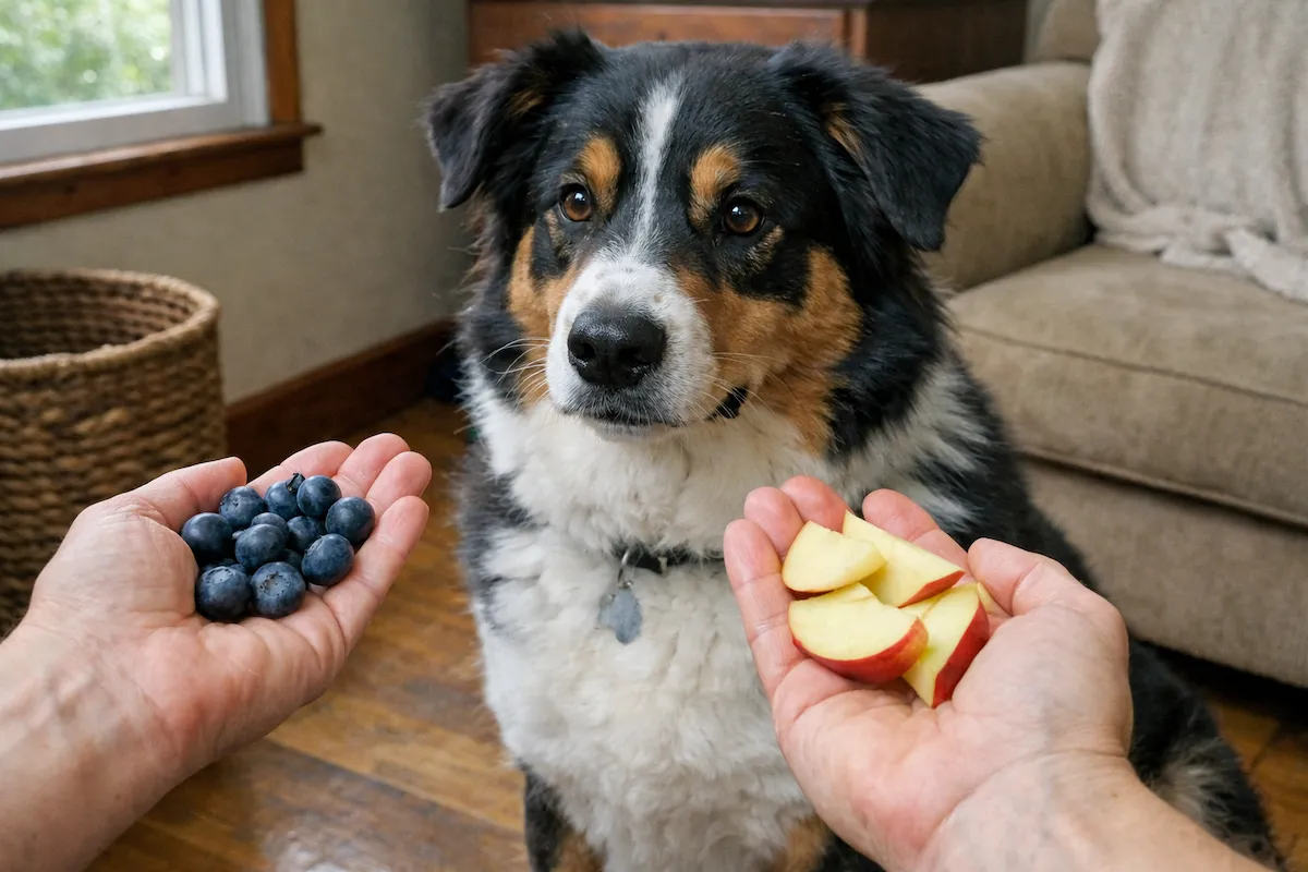 Dog being offered safe fruit instead of grapes