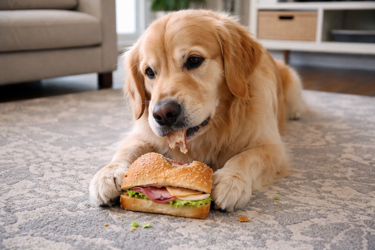 Dog Brings Food to the Carpet