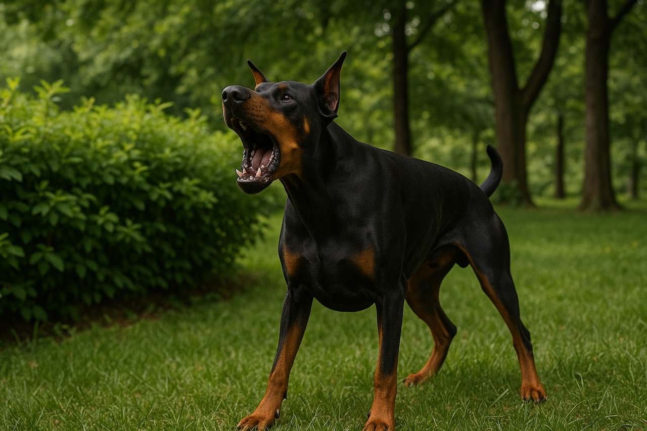 Doberman barking at park