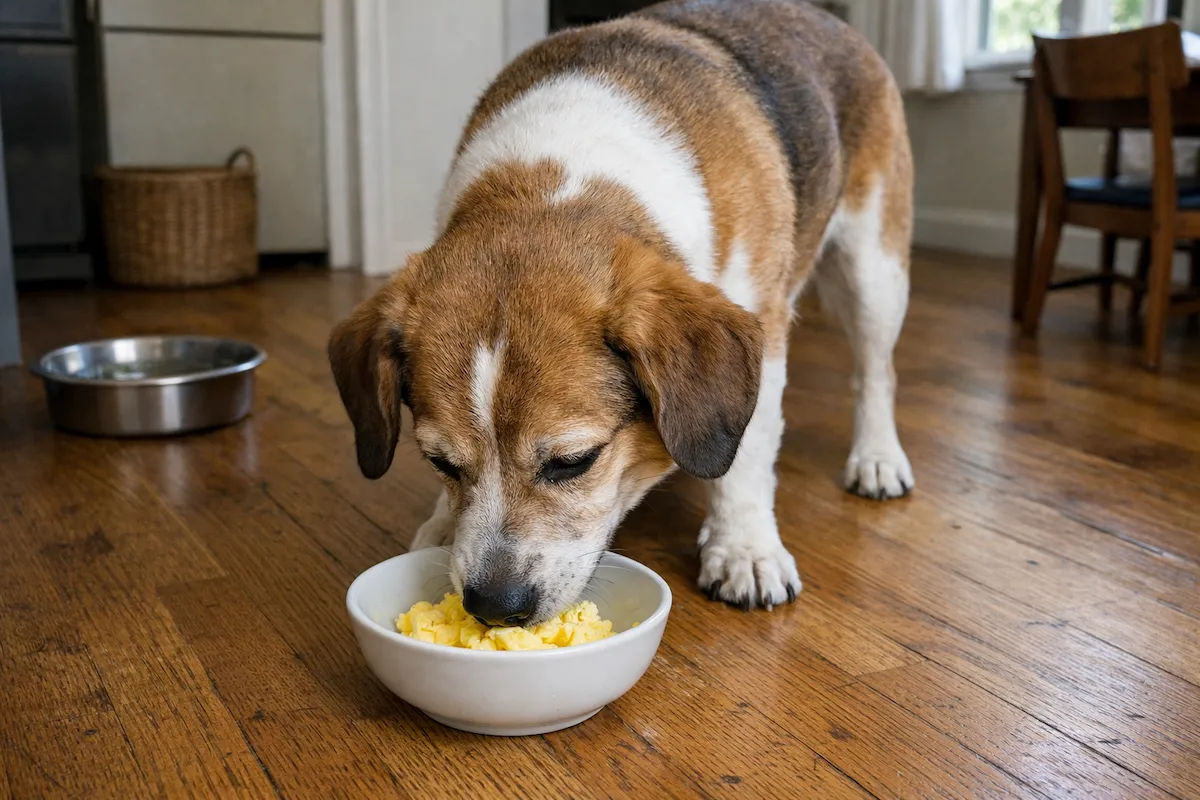 Dog eating a small portion of eggs calmly