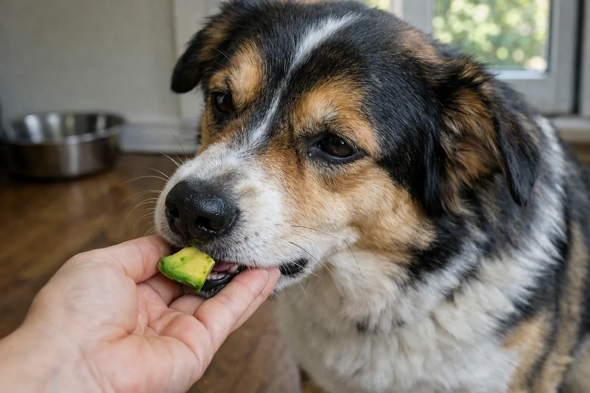 Dog eating a small piece of avocado