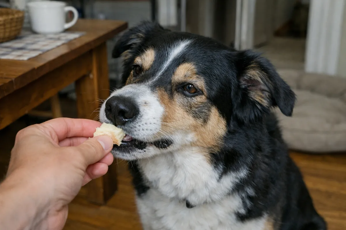 Dog eating a small piece of plain bread