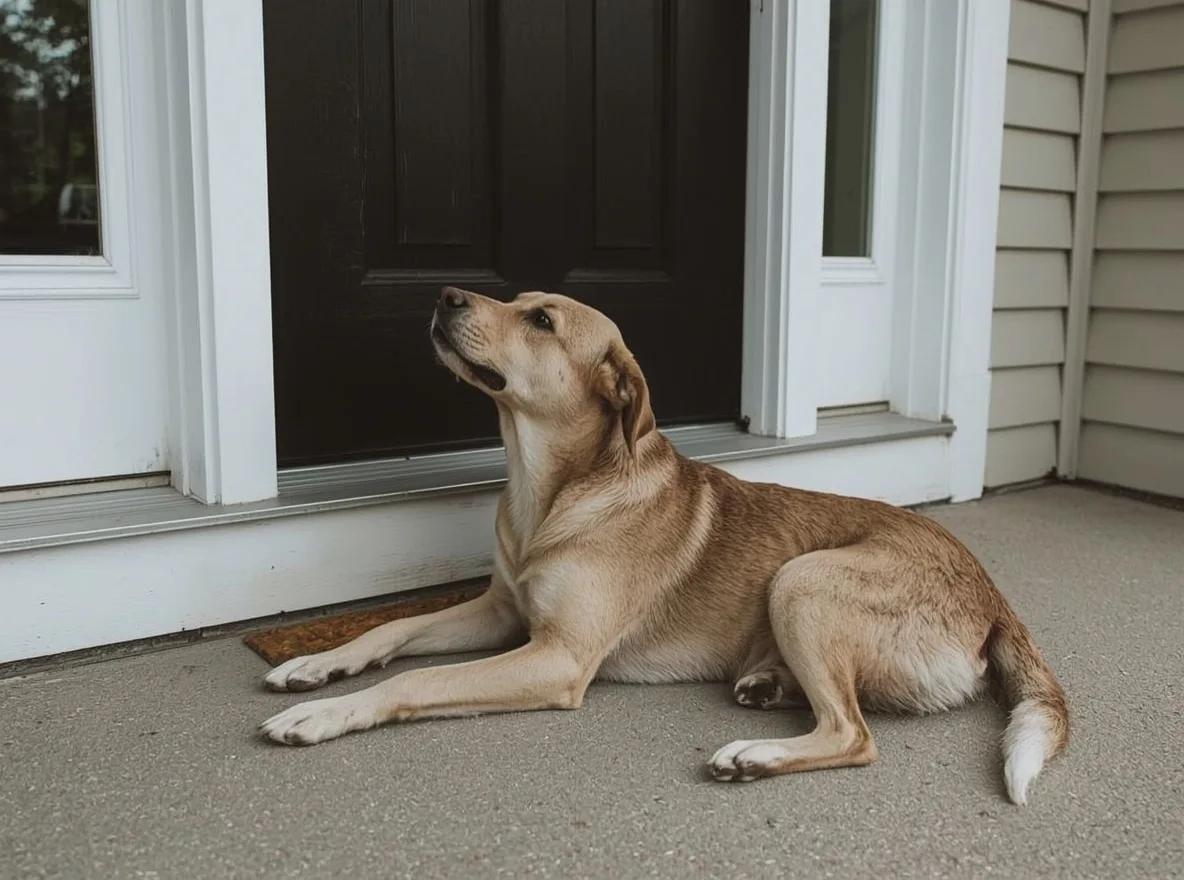 Dog watching the door while lying down