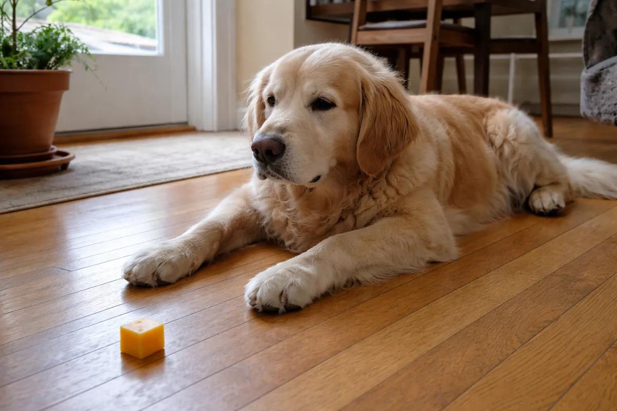 Dog calmly ignoring cheese and resting