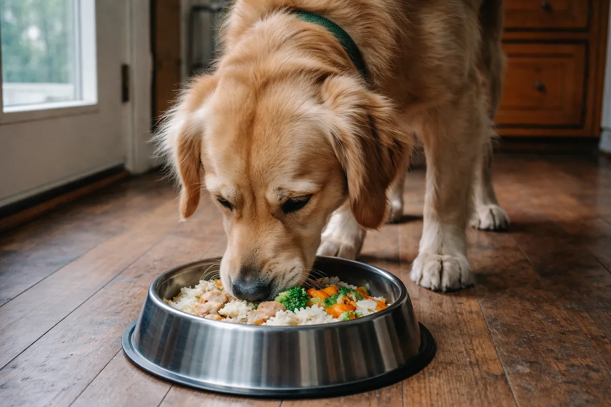 Dog eating plain food without onions or garlic