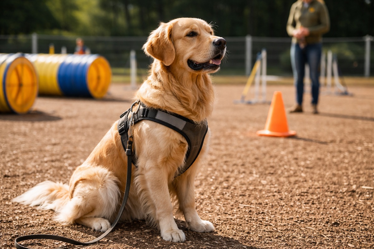 Dog calmly observing environment during training session