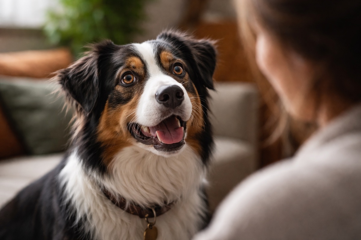 Highly engaged intelligent dog watching owner closely
