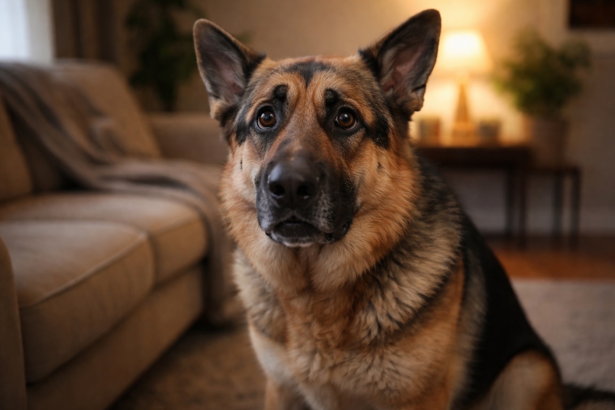 Anxious German Shepherd resting indoors