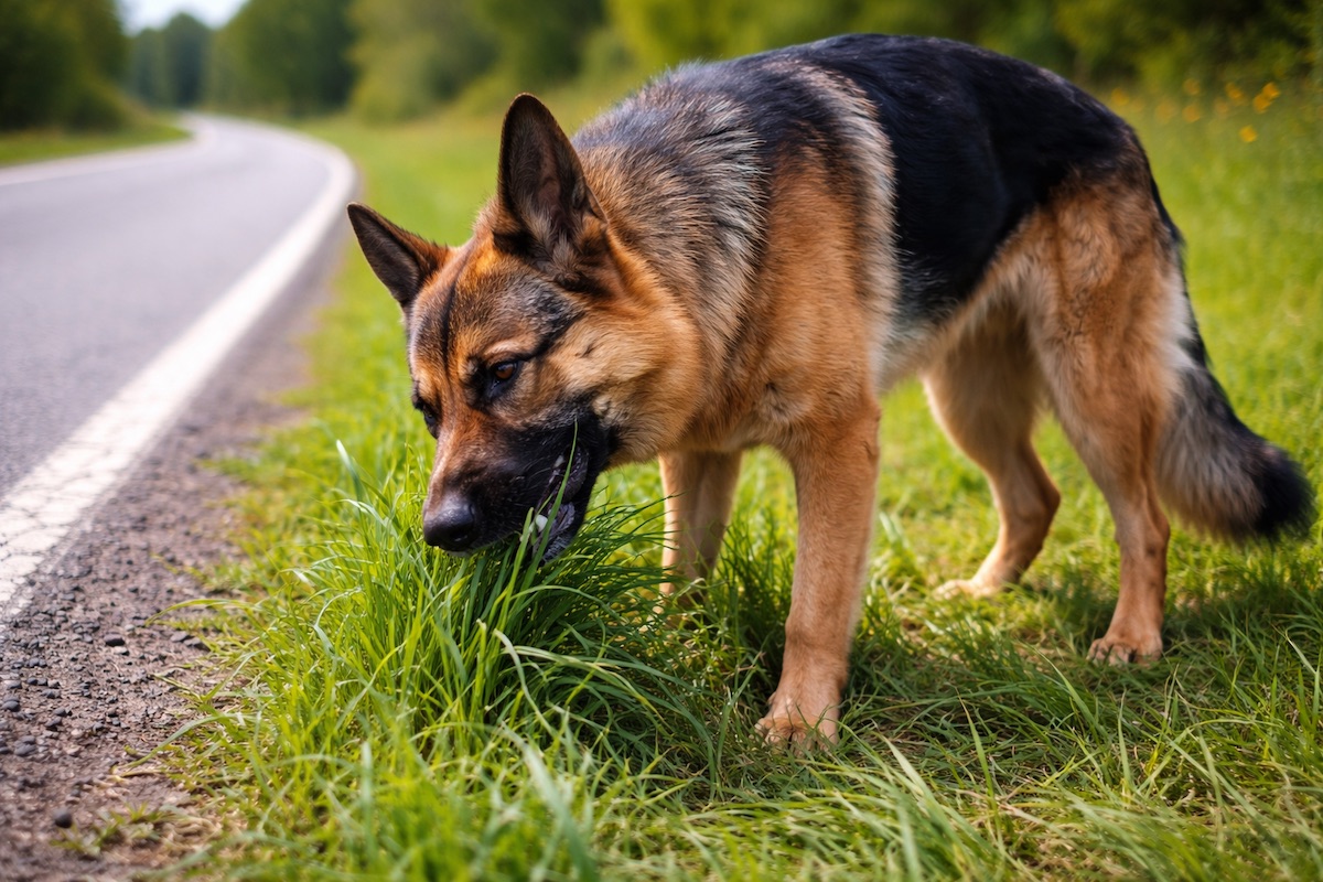 German Shepherd eating grass during a walk