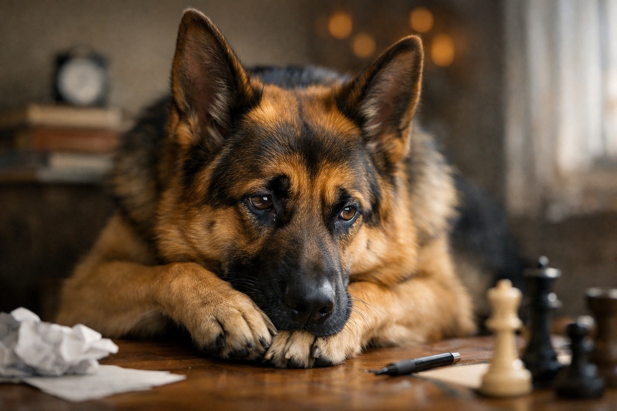 German Shepherd looking alert and thoughtful indoors