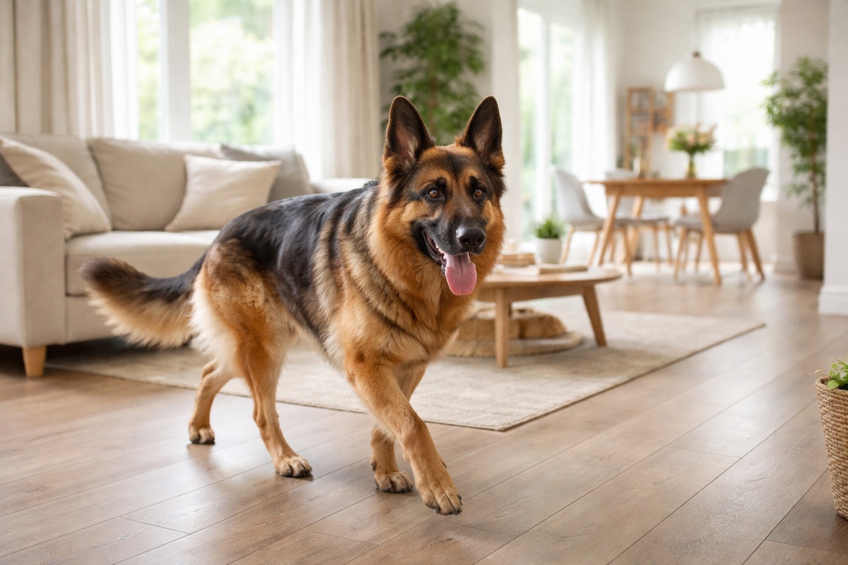 German Shepherd pacing inside the house