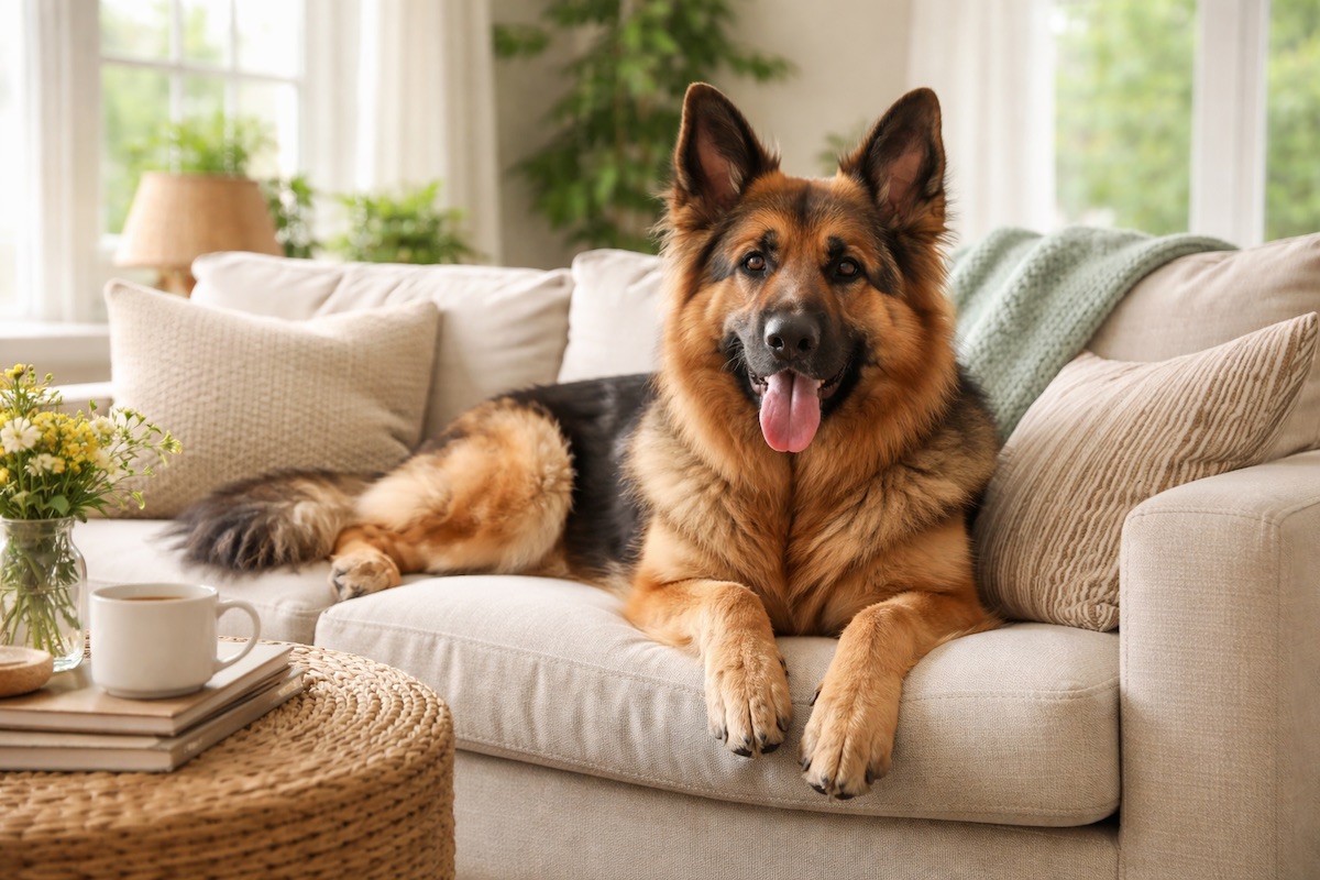 German Shepherd relaxing indoors on a bed
