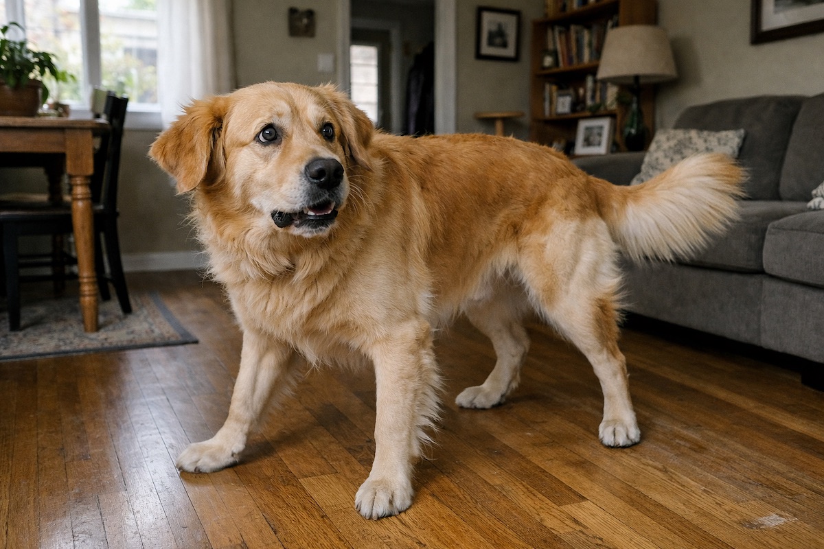 Golden Retriever reacting to loud noise indoors