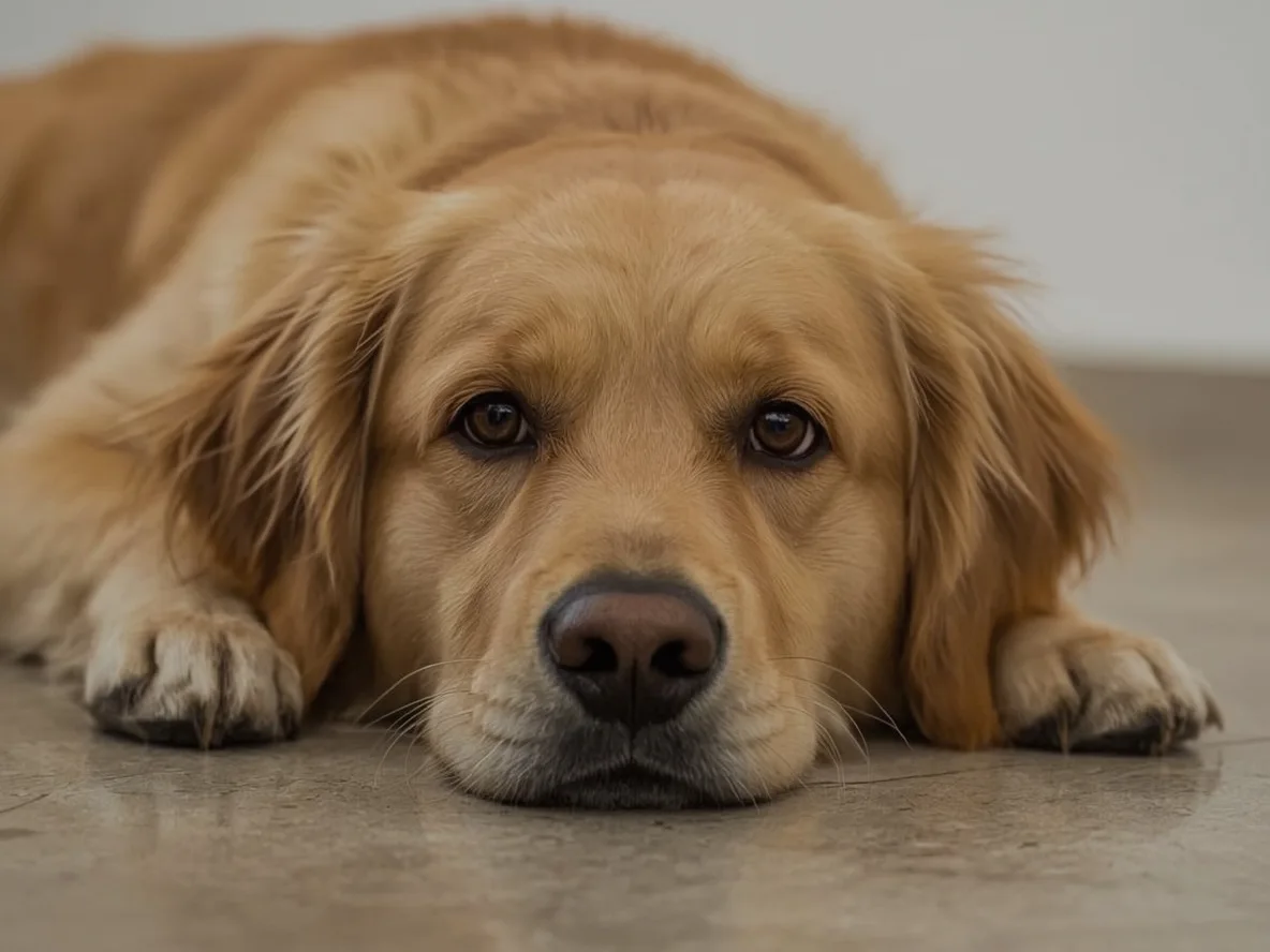 Golden Retriever lying down but staying alert at home