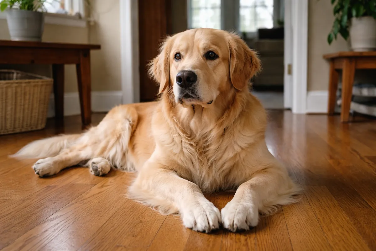 Golden Retriever lying down but staying alert and tense
