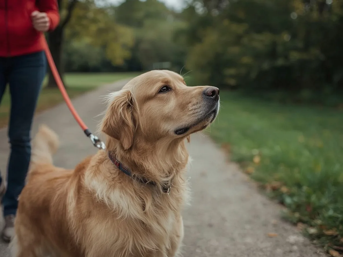 Golden Retriever reacting to sounds during walk