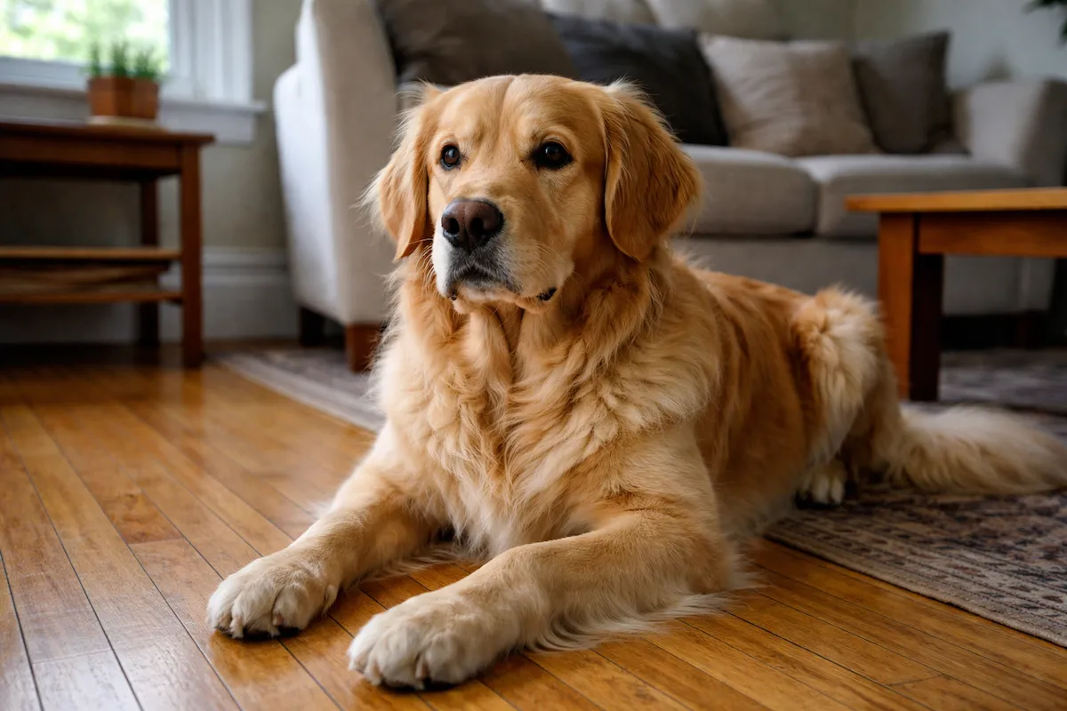 Golden Retriever lying down but staying alert