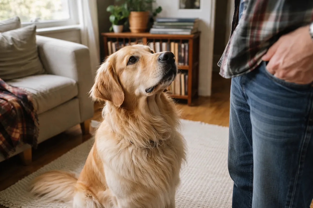 Golden Retriever closely watching its owner indoors
