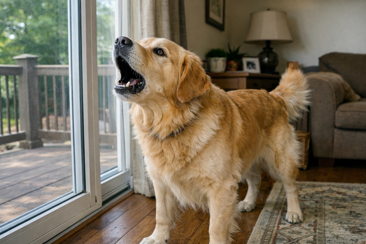 Golden Retriever reacting to a small sound indoors