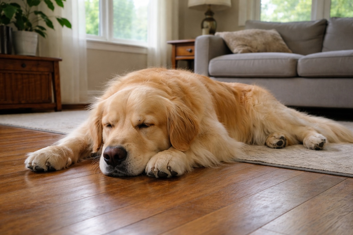 Golden Retriever lying calmly after relaxing training session