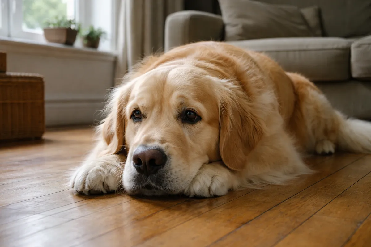 Golden Retriever lying calmly but looking tense