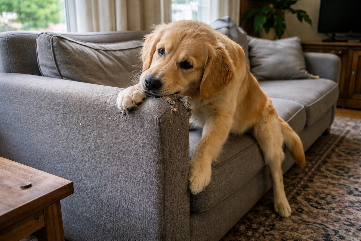 Golden Retriever chewing household object indoors