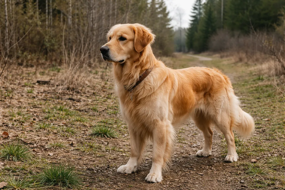 Golden Retriever distracted by surroundings outdoors