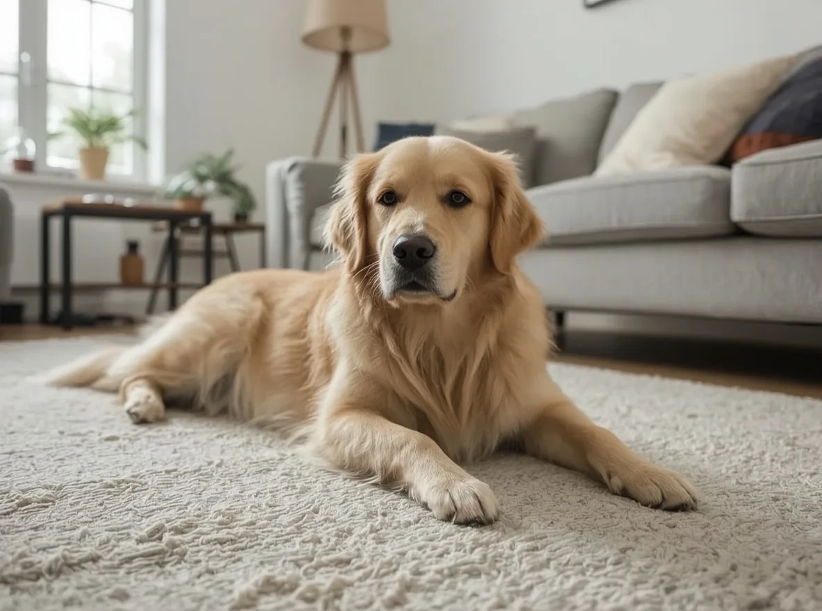 Golden Retriever lying down while watching owner