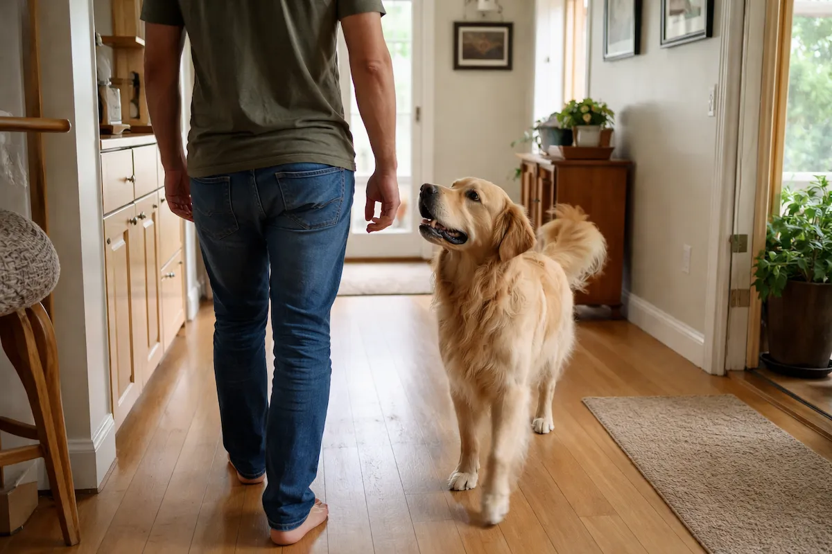 Golden Retriever following owner and watching closely