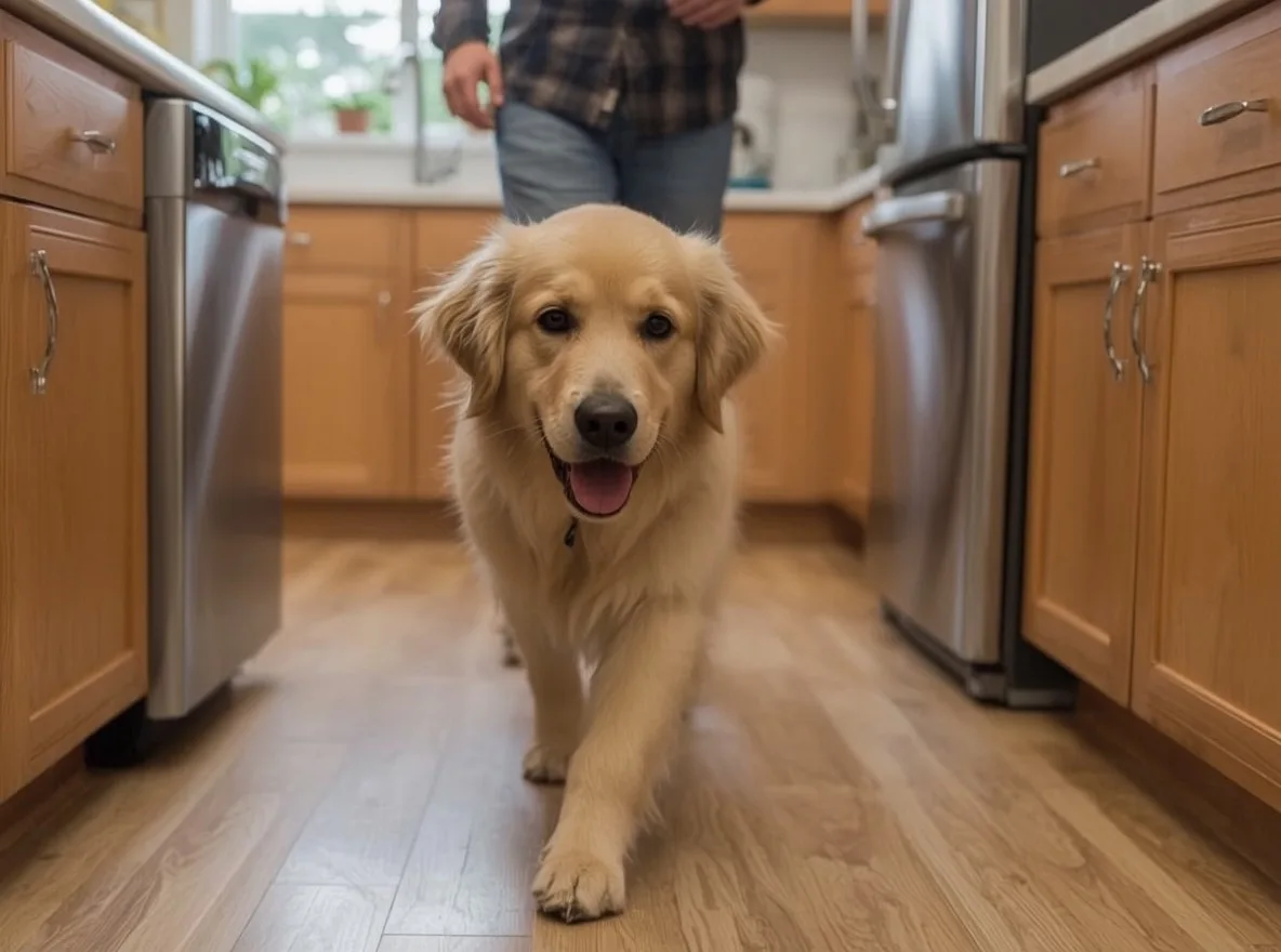 Golden Retriever following owner into kitchen