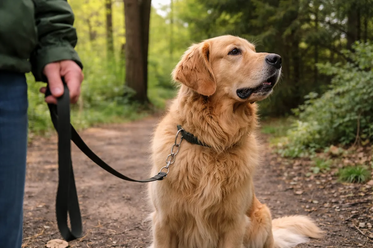 Golden Retriever distracted outside and not responding to owner