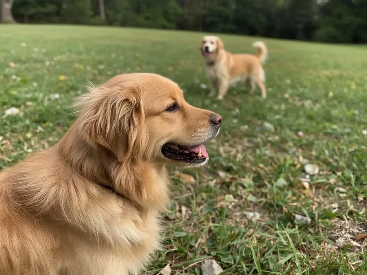 Golden Retriever distracted by another dog