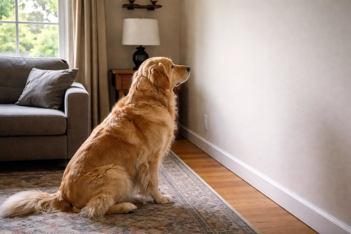Golden Retriever staring at wall indoors