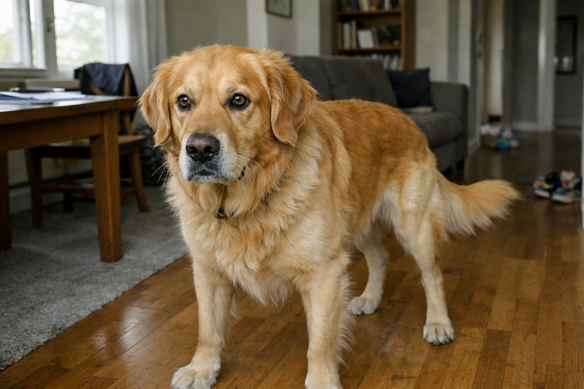 Golden Retriever looking alert and tense indoors