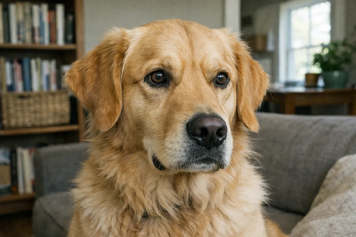 Golden Retriever looking calm but mentally overstimulated