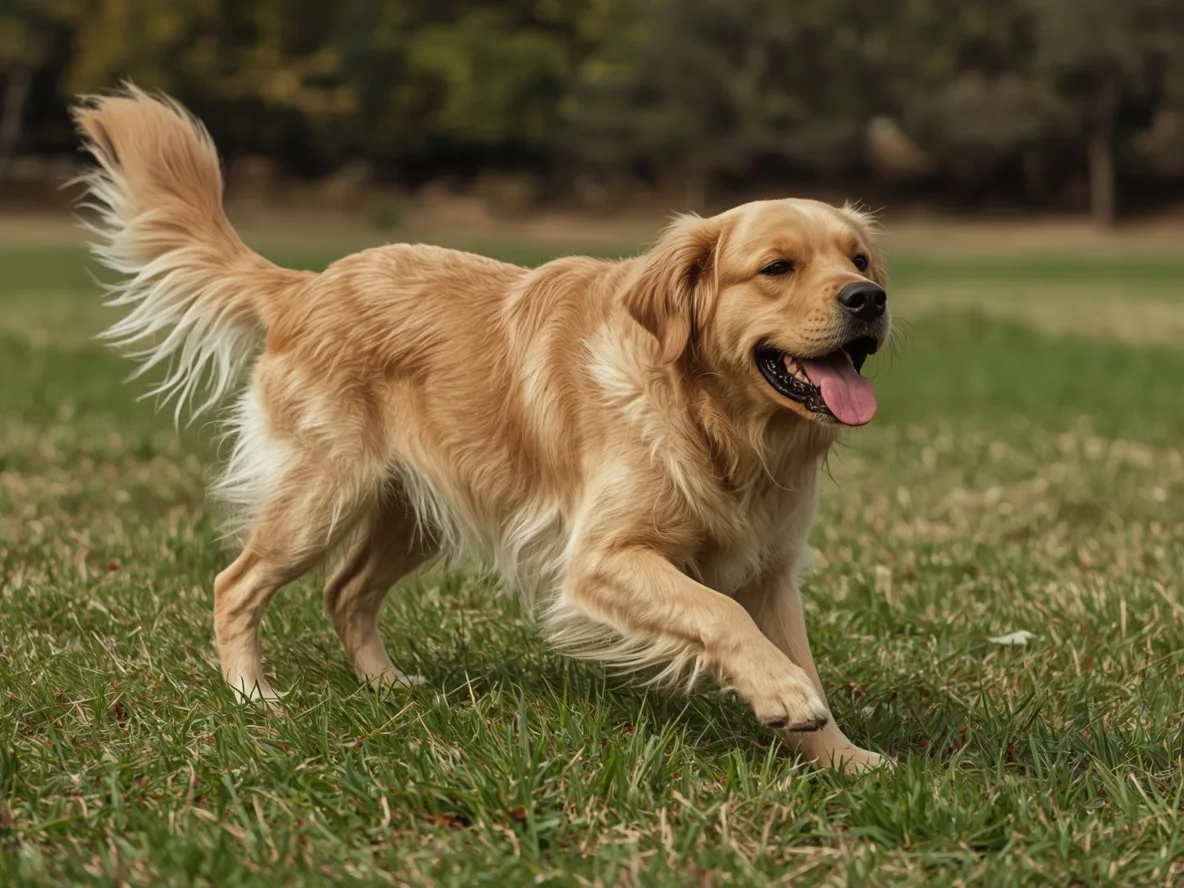 Golden Retriever suddenly playing energetically
