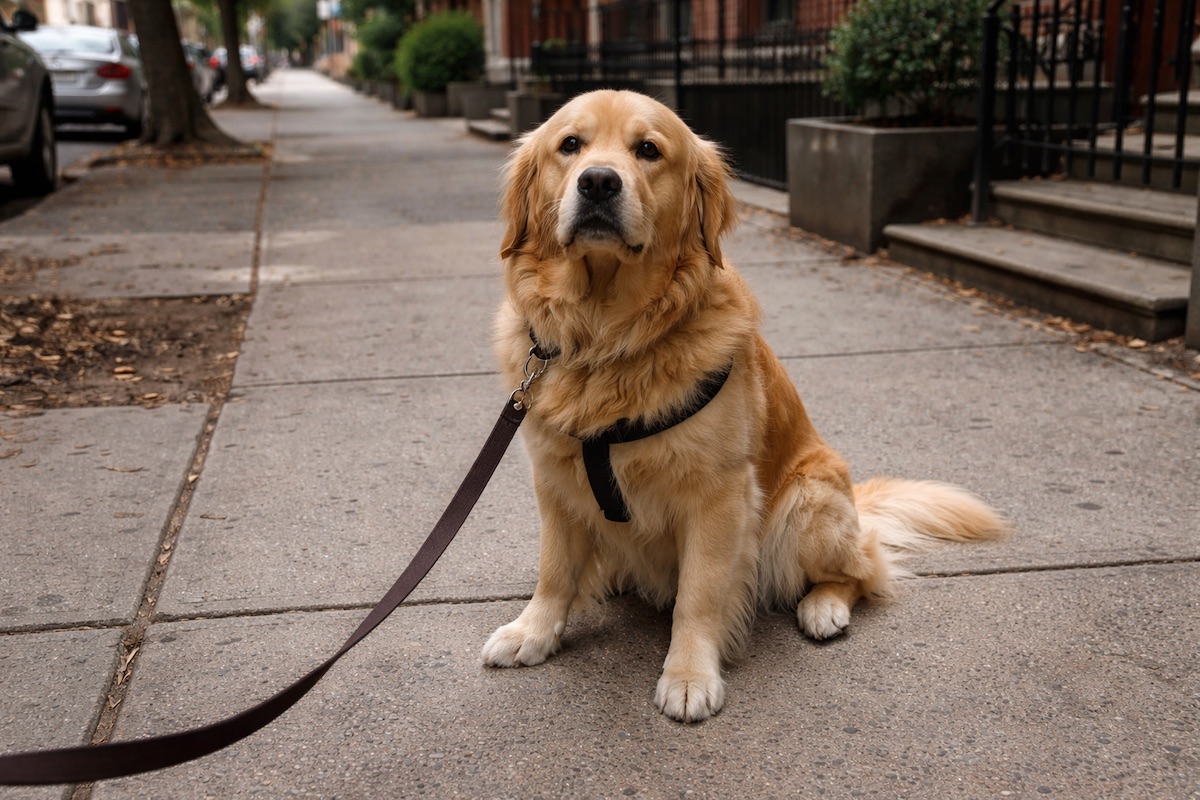 Golden Retriever sitting and refusing to move during a walk