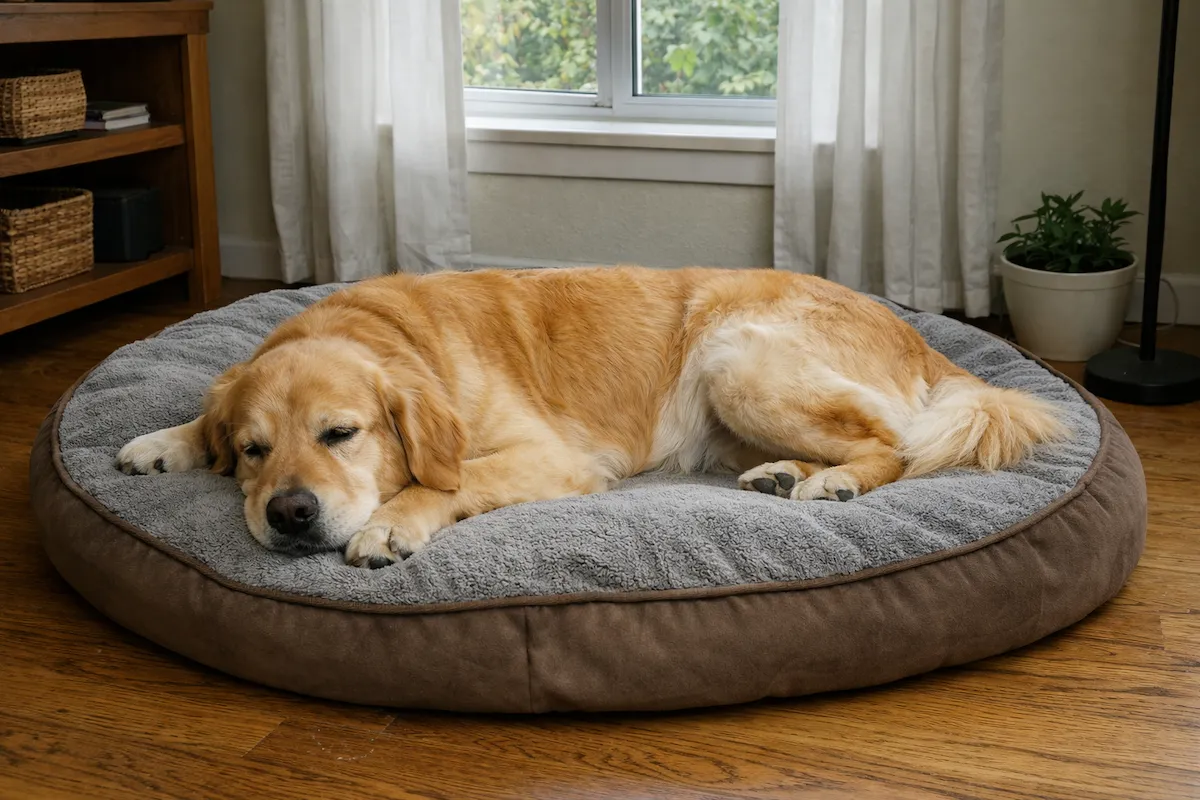 Golden Retriever resting calmly alone at home