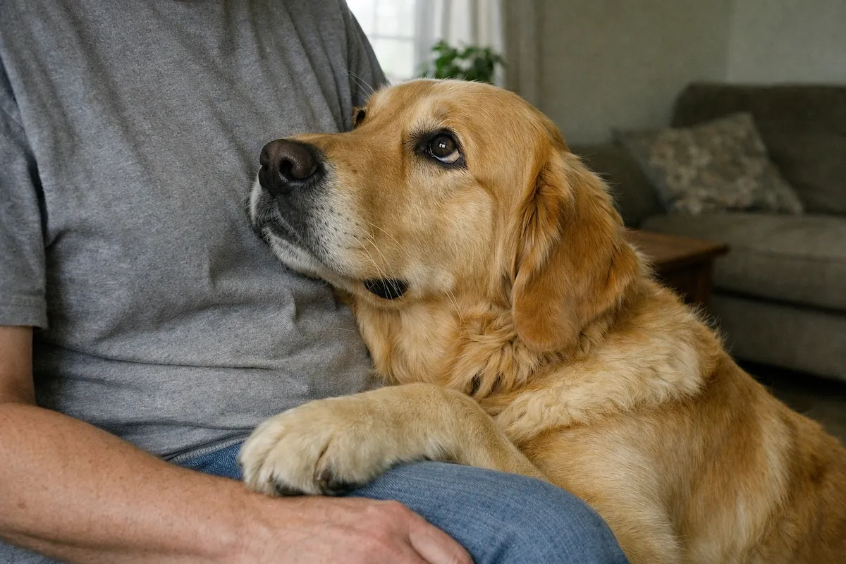 Golden Retriever looking at owner seeking attention indoors